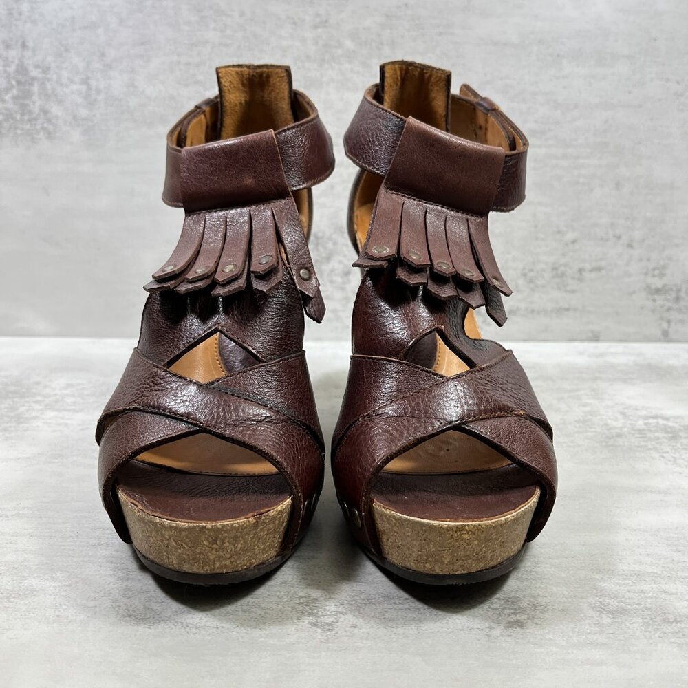 John Fluevog Rules Goodall Leather Fringe Heeled Sandals - Women's Size 8.5 - Picture 2 of 9